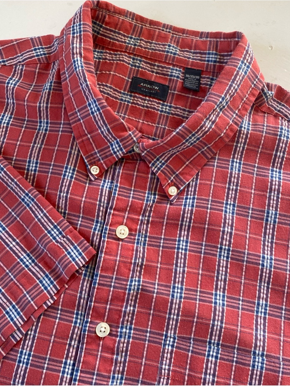 Arrow Mens 3XL Seersucker Red Plaid Short Sleeve Shirt retro preppy grandpa